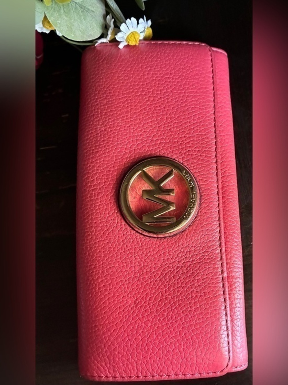 Michael Kors Coral Pink Pebbled Leather Wallet with Gold Logo
